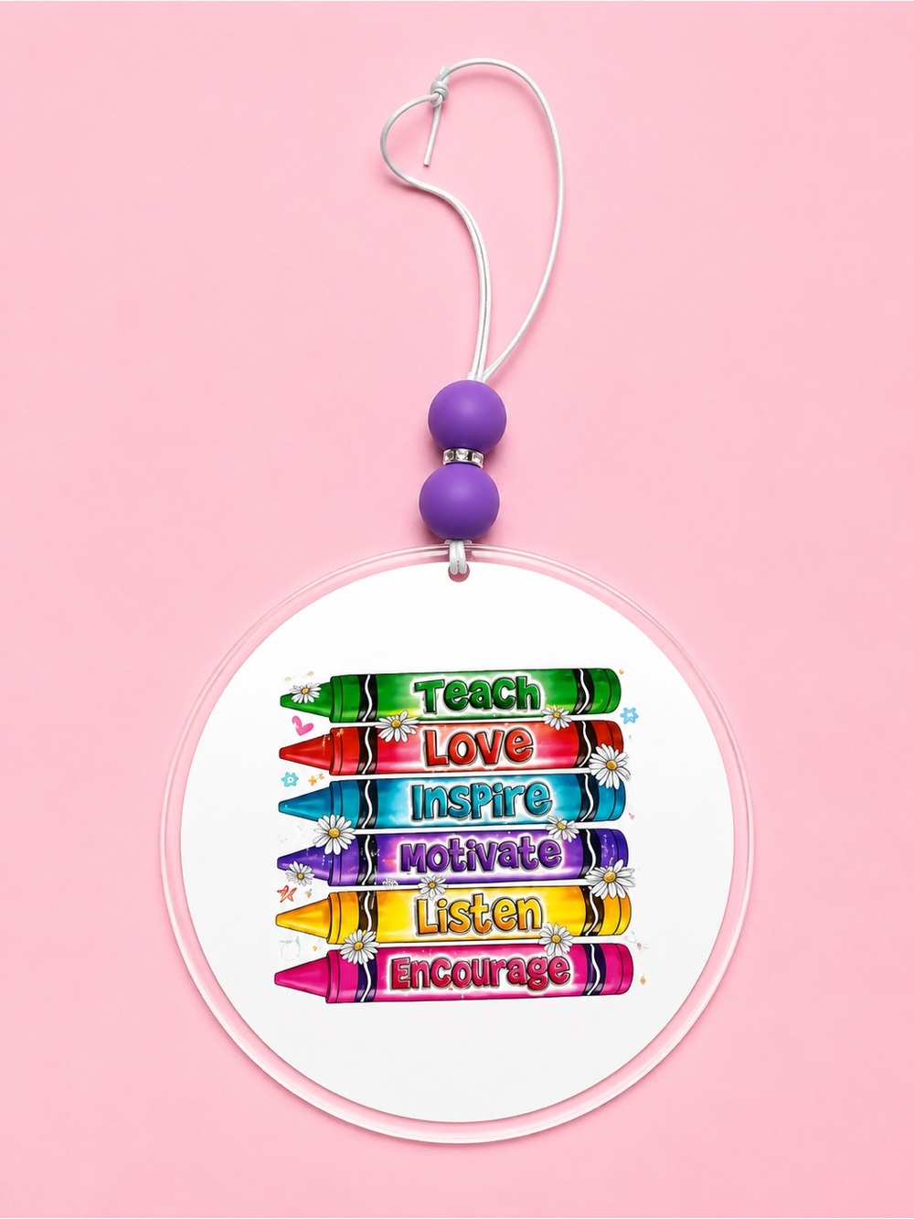 Teacher Inspirational Crayon Car Charm- Purple Accent 4in